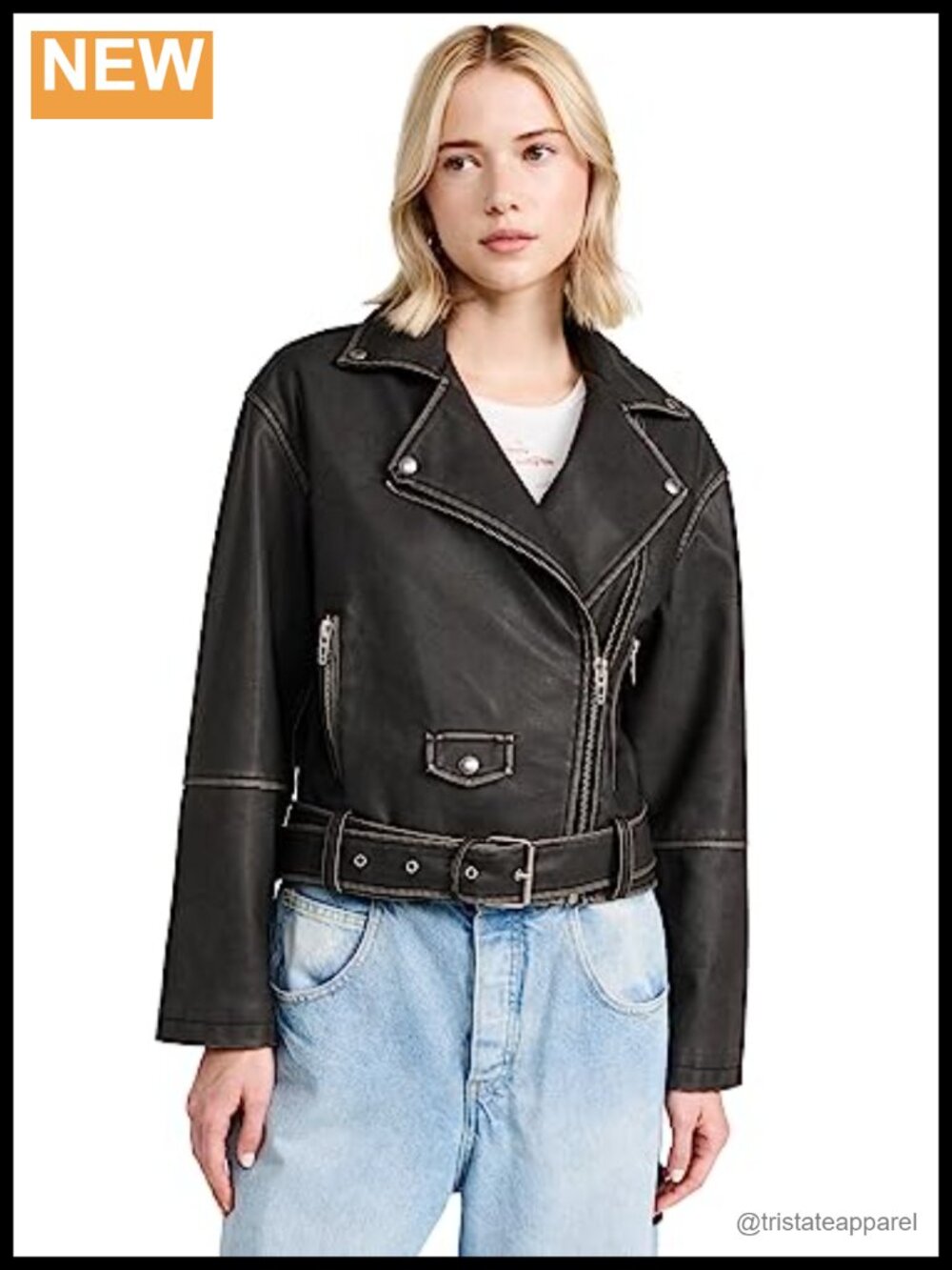 Women's Vegan Leather Moto Jacket with Belt, Heavyweight Faux Leather, Zip